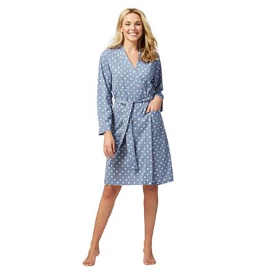 Blue polka dot print jersey dressing gown